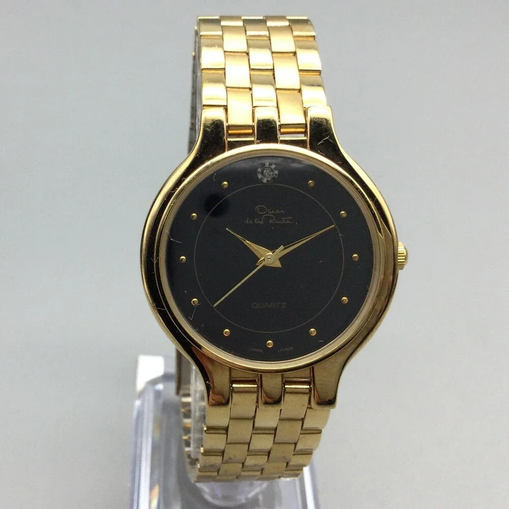Oscar De La Renta Womens Watch 32mm Black Dial Gold Tone Dress New Battery 7.75
